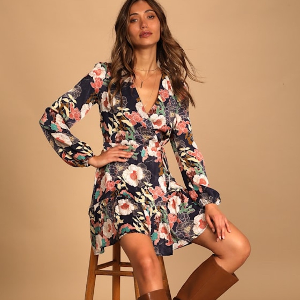 Lulus So Splendid Navy Blue Floral Satin Long Sleeve Wrap Dress - Size S